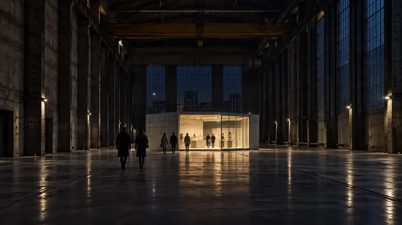 A small glass-fronted pop-up shop glowing inside a vast dark industrial hall with tall windows and concrete columns, a few people walking towards it across a polished floor