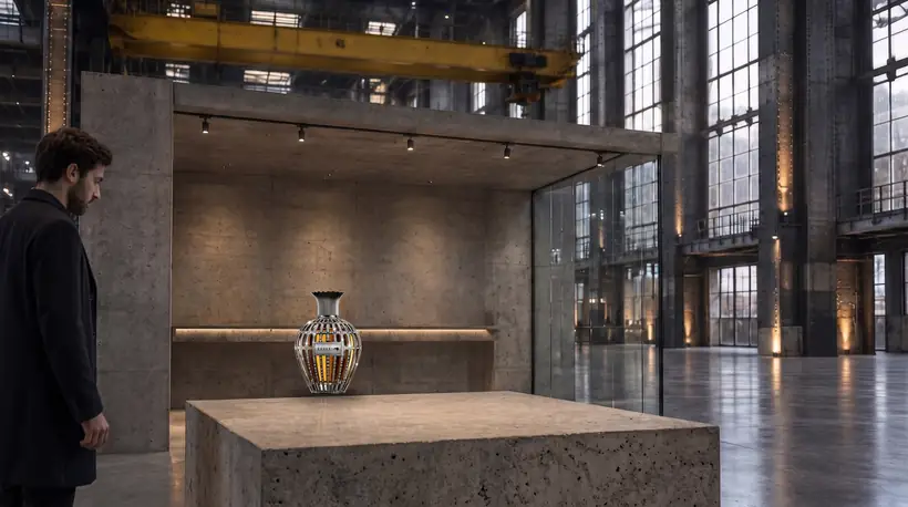 Inside a concrete and glass pop-up under a yellow gantry crane, a crystal-covered perfume flacon on a stone plinth, two visitors browsing a lit shelf of products behind it